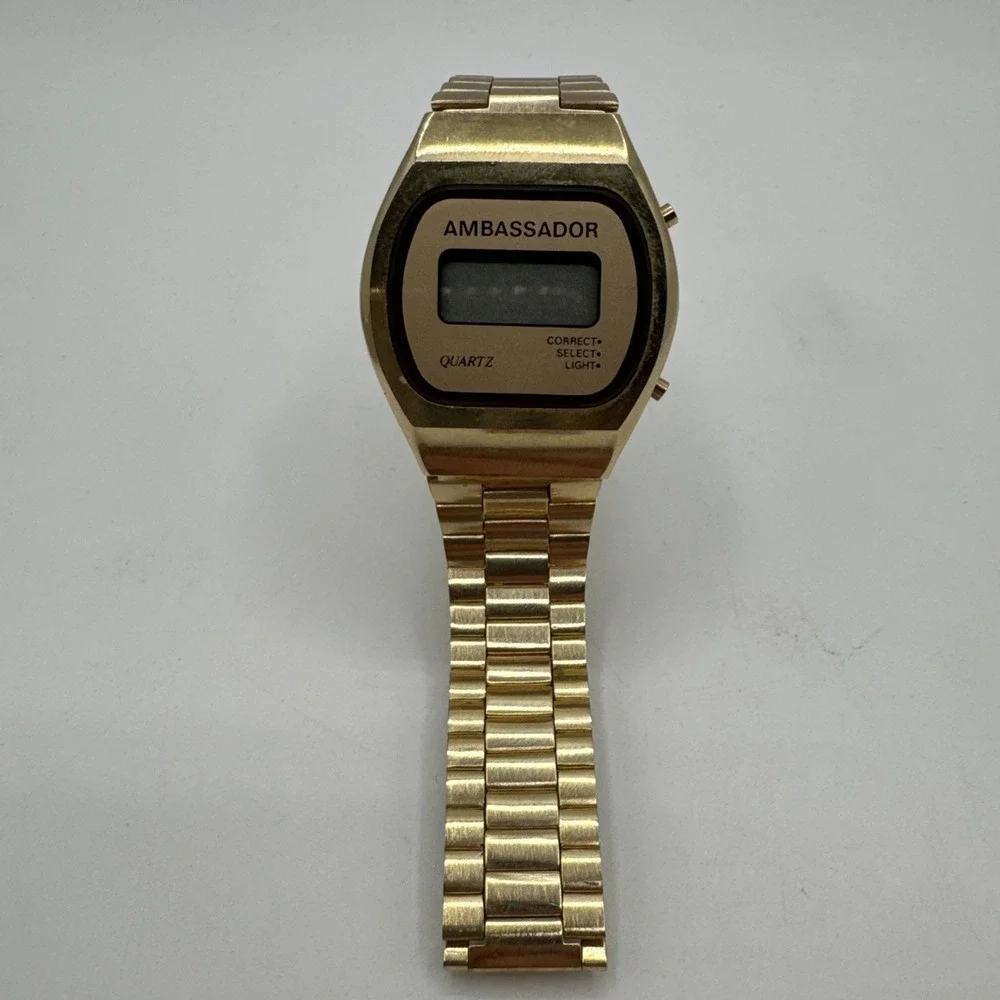 VERY RARE Vintage Authentic AMBASSADOR Digital LCD‎ Quartz Gold Wristwatch WORKS